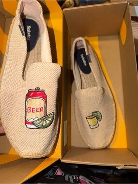 Soludos Beige Canvas Slip-Ons with Beer & Lime Embroidery